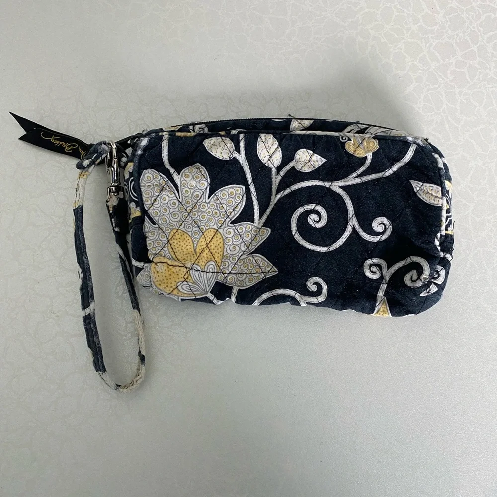 Vera Bradley Black Floral Quilted Wristlet with Yellow Accents